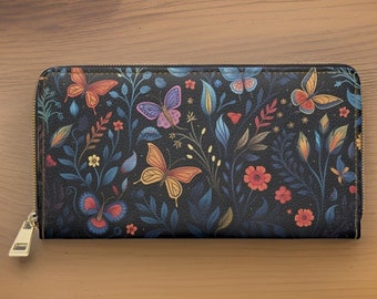 Butterflies Flower Zipper Wallet - Women's Faux Leather Wallet, Floral Wallet, Cute Ladies Wallet, Butterfly Print, Cottage-core, Nature