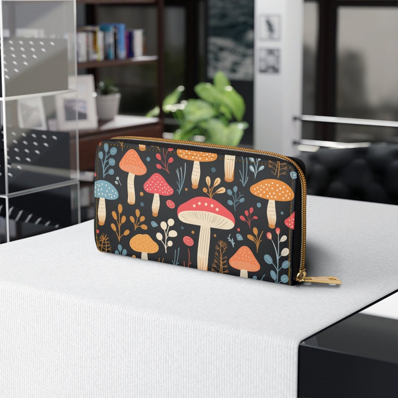 Mycelium Black Leather Wallet Mushroom Print, Cottage Core, Women’s