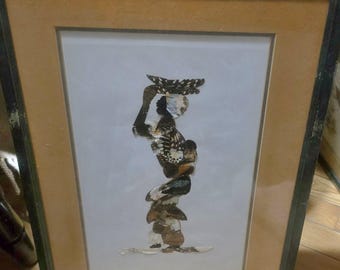 Vintage African Woman Butterfly wing framed art.