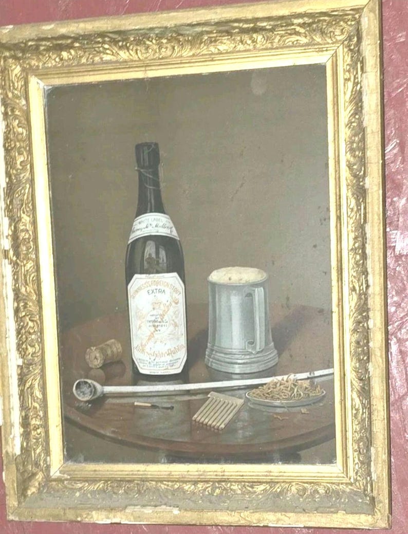Antikes Guinness French Extra Stout Blechschild gerahmt 20x16 Stillleben Pfeife Selten Bild 2