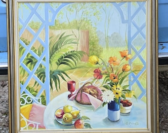 Vintage Oil Painting Afternoon In The Garden A Remoff Framed. 36"x36". Framed 42"x42"