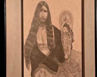 Native American Indian Pencil Drawing Signed by artist Tommy Ann Steinsiek 1981