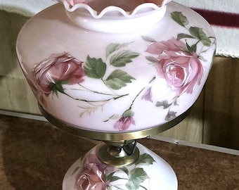 Vintage Pink Hurricane Lamp Floral Roses Hand Painted 27" Tall Working