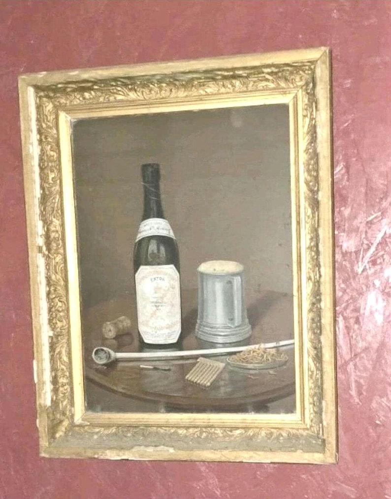 Antikes Guinness French Extra Stout Blechschild gerahmt 20x16 Stillleben Pfeife Selten Bild 1