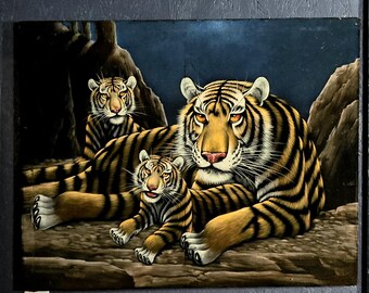 ヴィンテージ　油絵 1970s Framed White Tiger Painting on Black Velvet, Boho