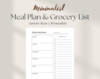 May include: Printable minimalist meal planner and grocery list template. The planner has a space for each day of the week, with a section for meal planning and a grocery list.