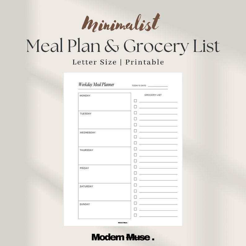 Weekly Meal Planner W/ Grocery List | Printable Template | Sunday and ...