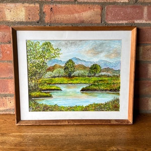 Original Vintage Framed Oil Painting Depicting a Landscape of Lake and Mountains