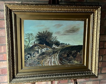 Grande dipinto a olio originale antico dei primi anni del 1900 di K. S. Blacklock raffigurante cottage