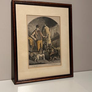 Antique 19th Century Book Print of Dog Breeds and Handler – Framed and Glazed