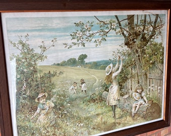 Extra Large Antique Framed Lithograph Life’s Sunny Spring - William Stephen Coleman [Depicts Victorian Girls Gathering Flowers]