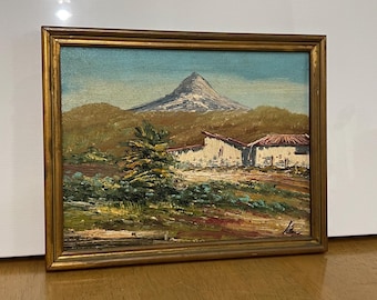 Signed Mid-Century Oil on Canvas Board – Mountain Landscape with Village