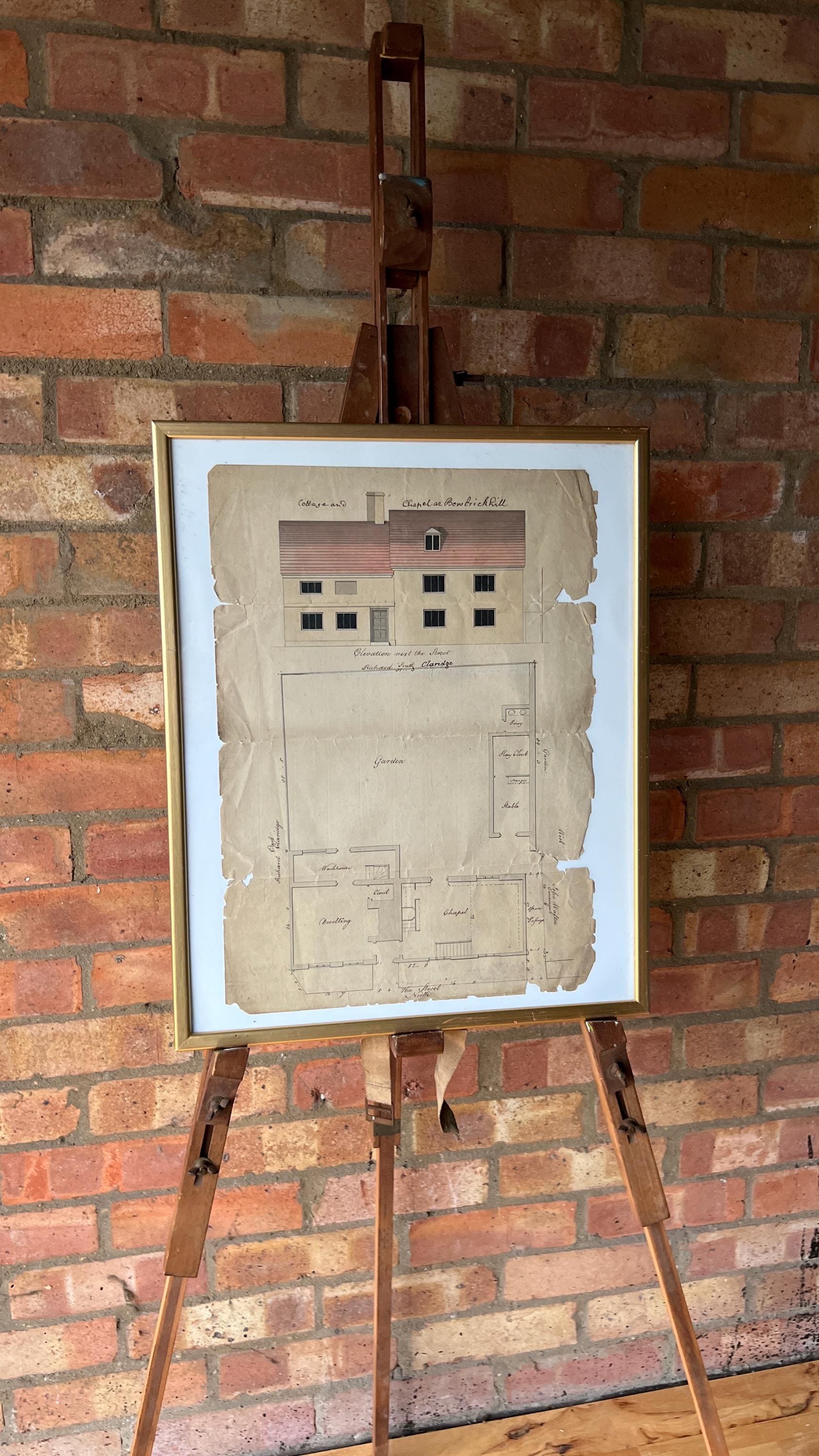 1790s Antique Architectural Drawing – Bow brickhill Cottage & Chapel