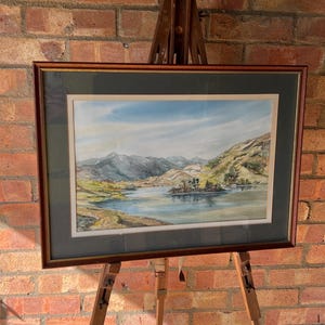 Framed Mid-Century Watercolour Painting – Tranquil Lake & Mountain Landscape