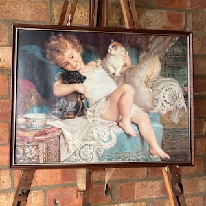 Mid-Century Reproduction Print – Child with Kitten and Puppy