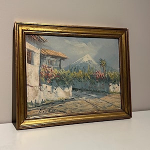 Charming Mid-Century Oil Painting of Village House with Mountain View