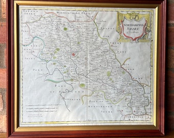 1695 Antique Northamptonshire Framed Map by Robert Morden [ Hand Coloured Engraving ]