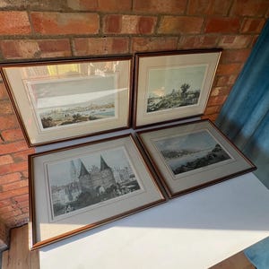 Set of Four Mid-Century Framed Pictures of Antique German City Etchings