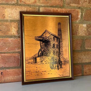 Vintage Kupferdruckplatte von Margaret Merny – Minenmaschinenhaus, gerahmt