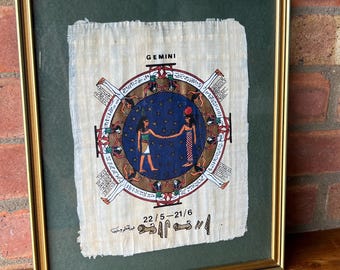 Vintage Egyptian Style Picture on Papyrus of Zodiac Sign Gemini