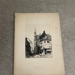 Antique 1878 Louvain Belgium Architectural Etching by Sir Ernest George | Historic City View with Hotel De Ville & Cathedral Spire