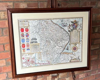 17th Century Lincolnshire - “The Countie and Citie of Lyncolne” Map - 1900’s Hand Coloured Reproduction