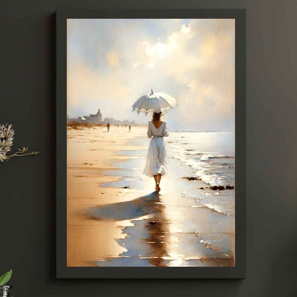 Sunlit Seashore Walk Digital Print - Romantic Lace Umbrella, Serene Beach Scene, Vintage-Inspired Digital Art - Instant Download