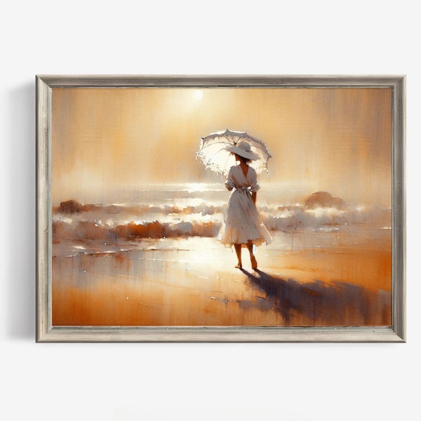Golden Hour Serenity - Woman with Lace Umbrella Watercolor - Digital Wall Art - Instant Download