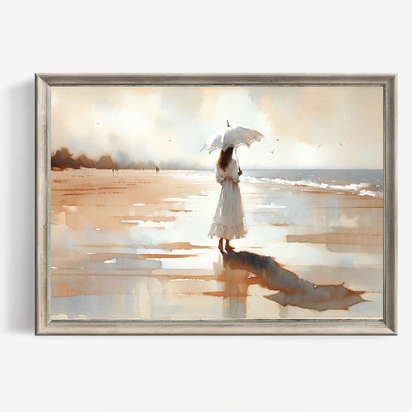 Watercolor Woman with Umbrella in Soft Beige Tones - Beach Landscape - Digital Art, Instant Download