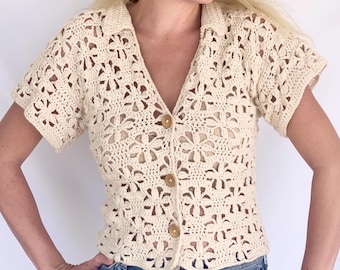 Crochet Pattern Button Up Crochet Pattern Top Easy Crochet Pattern Flower Lace Shirt Crochet Pattern Collared Shirt Button Up Crochet S-3XL