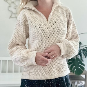 かぎ針編みのクォータージップセーターのパターン、オーバーサイズフィット（PDFダウンロード）