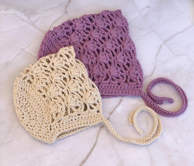 Lace Puff Baby Bonnet crochet pattern listing photo by Farmthread