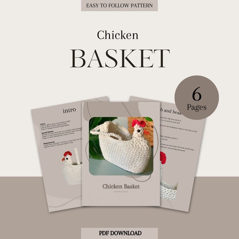 Puede incluir: Un patr&oacute;n de crochet para una cesta con forma de pollo. El patr&oacute;n incluye seis p&aacute;ginas de instrucciones y una foto del producto terminado. El patr&oacute;n est&aacute; disponible para descargar en PDF.