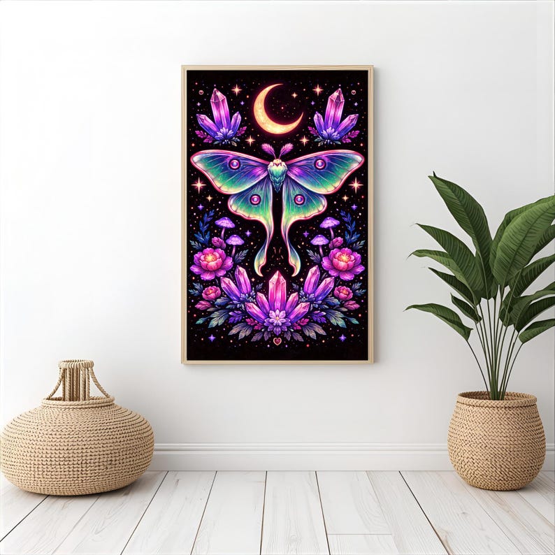 Neon Luna Moth Poster | Celestial Moth Wall Art | Mystical Moon Insect ...