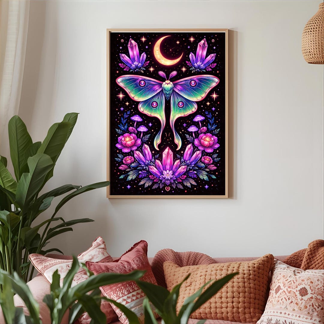 Neon Luna Moth Poster | Celestial Moth Wall Art | Mystical Moon Insect ...