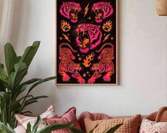 Neon Tiger Wall Art Print Gloss Poster | Tattoo Flash Style, Punk Retro