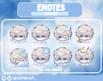 Op de afbeelding: Een set van acht geanimeerde emotes met een wit haarig personage met verschillende uitdrukkingen. De emotes zijn gelabeld met "EMOTES XAVIER" en "8X STILL EMOTES".