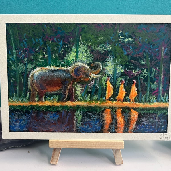 Hand Painted - Monks With Elephant- Oil Pastel Painting