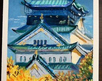 Handgemaltes Schloss Osaka - Öl / Pastell Malerei