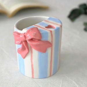 Pink Bow Ribbon Mug, Minimalist Mug With Lid, Rustic To-go Cup, Pastel Striped Tumbler, Ceramic Sip Mug, Tumbler With Straw