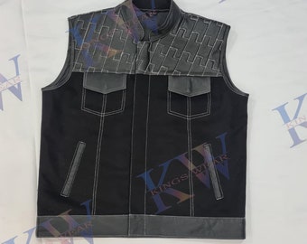 Chaleco de cuero negro para hombre,Chaleco de club de motociclista hecho a mano,Chaleco con acolchado de diamantes