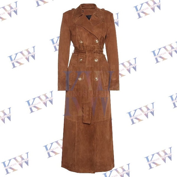 Trench long classique italien en daim véritable marron italien pour femmes avec ceinture