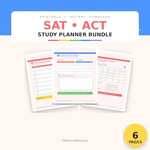 May include: A printable SAT and ACT study planner bundle featuring three document pages with colorful headers, grids, and checklists. The top text reads SAT ACT STUDY PLANNER BUNDLE, and a yellow circle in the corner displays the text 6 PAGES.