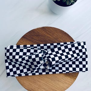 Black and White Checkered Headband: Stretch Lyrica Fabric