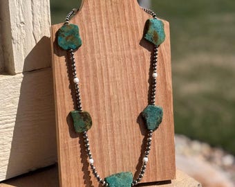24in turquoise slab and sterling silver pearl necklace