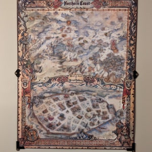 May include: A vintage-style map of the Northern Coast, featuring a detailed illustration of the Outpost of Frosthaven. The map is framed with a decorative border and includes a compass and other symbols.