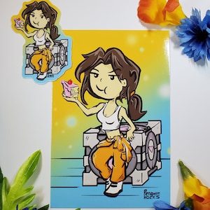 May include: A cartoon illustration of a woman with brown hair holding a slice of cake. She is wearing a white tank top and orange overalls. She is standing on a gray box with a heart on it. The background is a yellow gradient with white dots. The text "Pengwen Rocks" is at the bottom of the image.