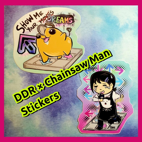 DDR × Chainsaw Man themed 3" glossy vinyl stickers | Pochita "show me your dreams" | Kobeni こわい/scary | individual or set of two