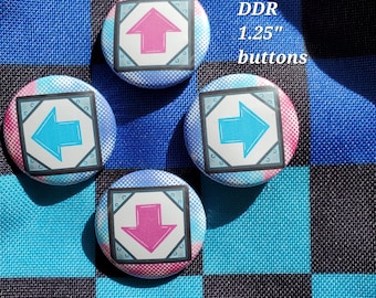 DDR (Dance Dance Revolution) Arrow buttons | 1.25" pinback buttons, pink, blue or set of 4
