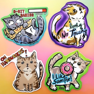 Sass cat pack stickers | 8-Bit Gaming | I Like Sample | Looky No Touchy | Oh Hamburgers | Individual or as a set | 3" matte stickers